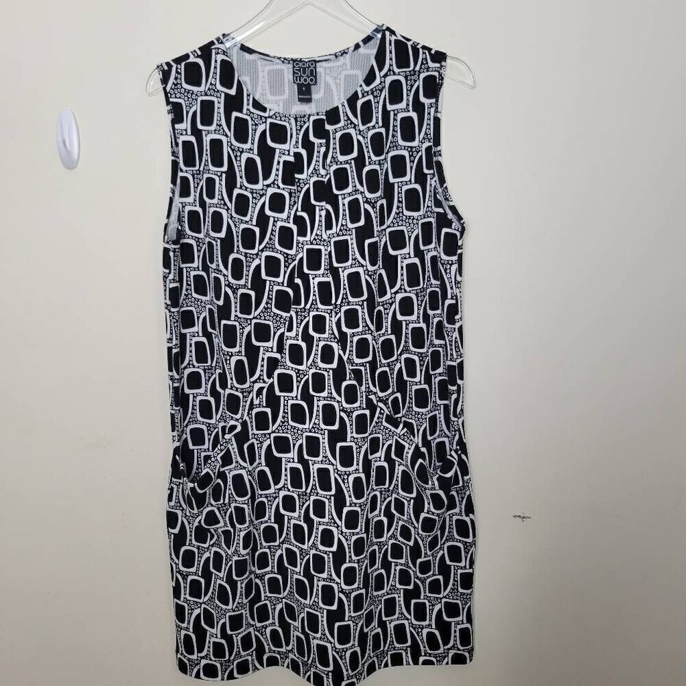Clara Sun Woo Print Mini Textured Stretch Sheath Black & White Print Dress Patc